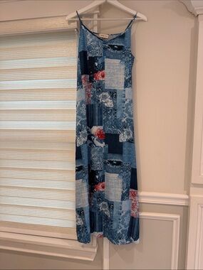 Heritage Blue Patchwork Floral Maxi Dress with Red Accents
